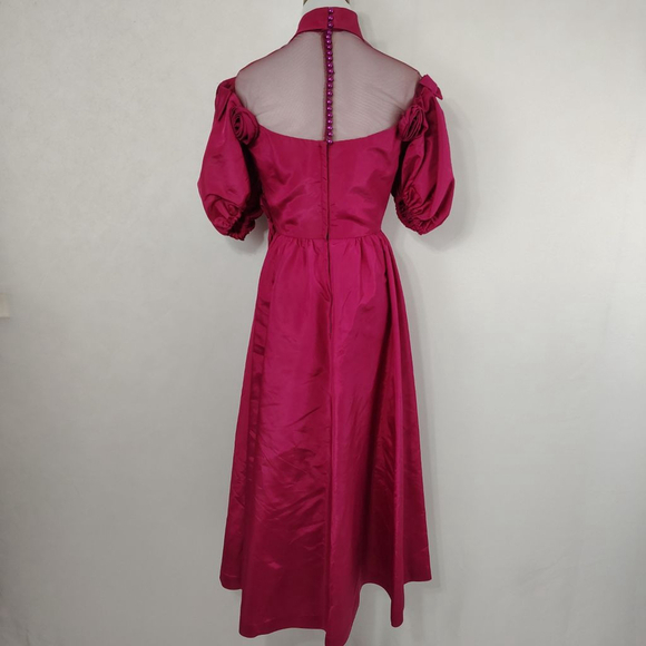 Vintage 70s Women's Hot Pink Victorian Puff Sleeve Prom Dress Downtown Abbey - Picture 6 of 11